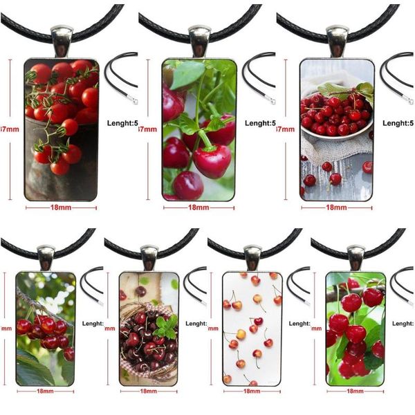 

pendant necklaces for women handmade girls glass cabochon necklace rectangle fashion fresh cherry fruit, Silver