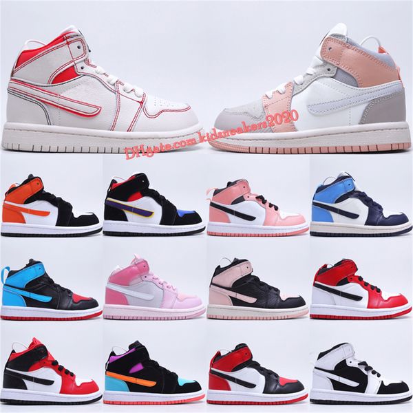

jumpmans 1s kids running shoes high trainers phantom gym red multicolor bred toe obsidian unc nc to chi leather boys girls outdoor sneakers, Black