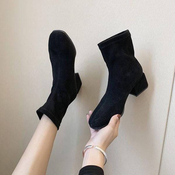 

winter yarn elastic ankle boots women's pointed toe thick heel med heels shoes woman female socks plus size, Black