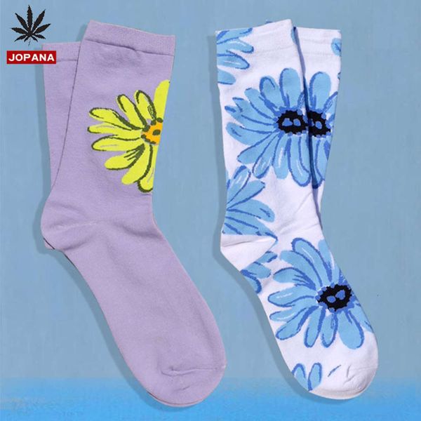 

purple daisy medium tube socks summer version flower couple cotton tide, Black;white