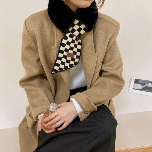 

scarves jtvovo 2021 women's winter warm snood with fur korean fashion mosaic scarf double-sided lattice cross bib, Blue;gray