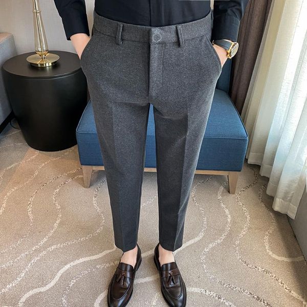 

men's suits & blazers autumn winter thick woolen trousers men solid color business dress pants casual slim fit office social suit panta, White;black