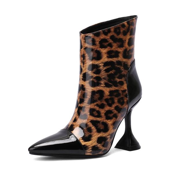 Botas 10cm Salto Fino Ankle Patent De Couro Mulheres Sexy Lady Pontilhada Toe Shoes 2021 Outono Damasco Red Leopard Retalhos