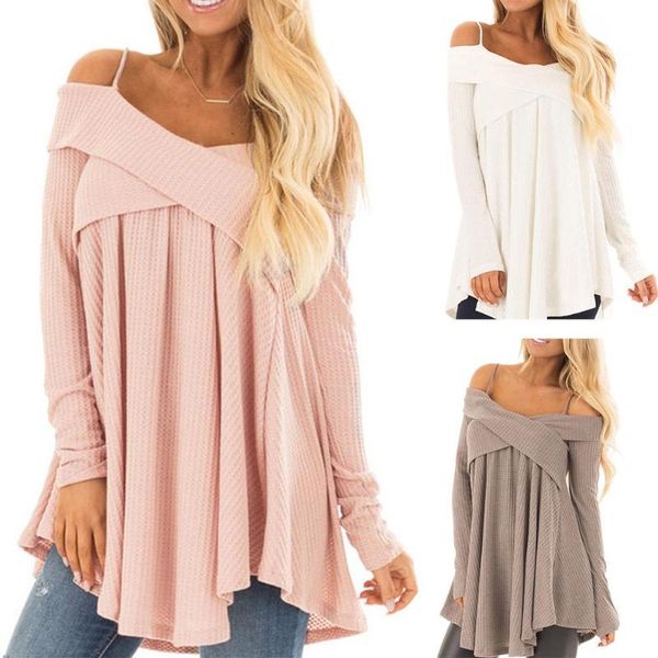 

women's sweaters women fashion autumn winter long sleeve cross neck sweater sling solid color top, White;black