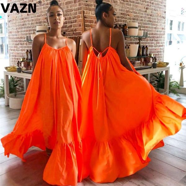 

casual dresses vazn 2021 fashion women sleeveless beach style pure pleated halter long dress high waist club sheath floor, Black;gray