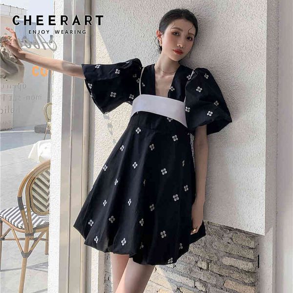

japanese fashion puff sleeve black summer dress women short deep v neck a line mini kawaii clothes 210427, Black;gray