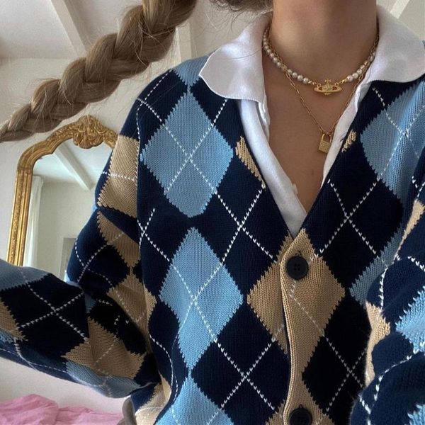 

women's knits & tees y2k women fashion color block loose sweaters autumn winter adults button-down argyle print long sleeve v-neck card, White