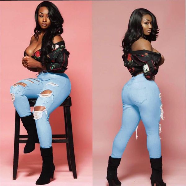 

high waist casual washed women jeans distressed hole stretch skinny denim pants street ripped ladies pencil, Blue