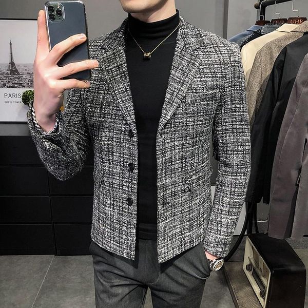 

men's wool & blends autumn 2022 winter woolen plaid bomber jacket men fashion streetwear jackets male casual warm coat outwears b626, Black