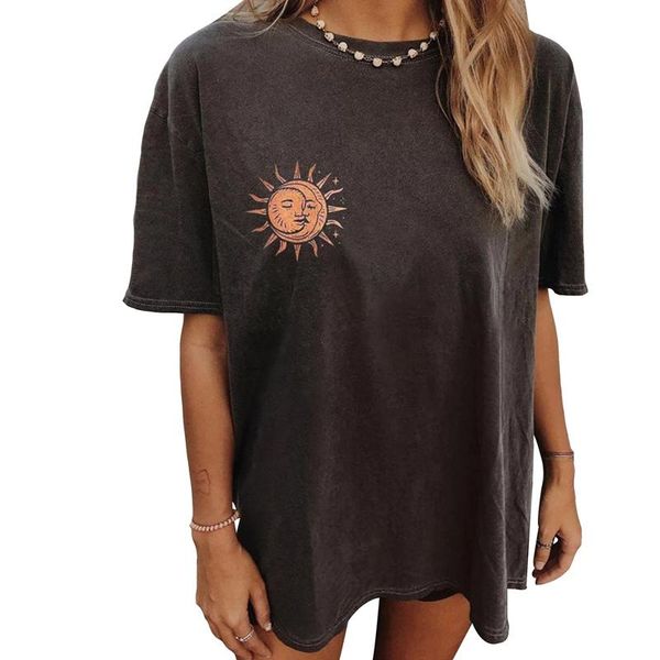 

women's t-shirt vintage printed t shirt women sun moon star graphic harajuku tee short sleeve loose tshirt female tshirts, White