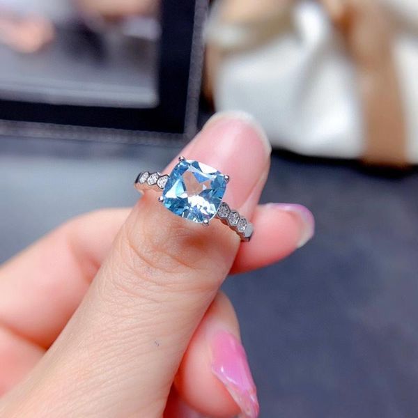 

cluster rings classic simplicity square 8*8mm s925 silver natural sky blue z gem ring gemstone woman girl party gift jewelry, Golden;silver