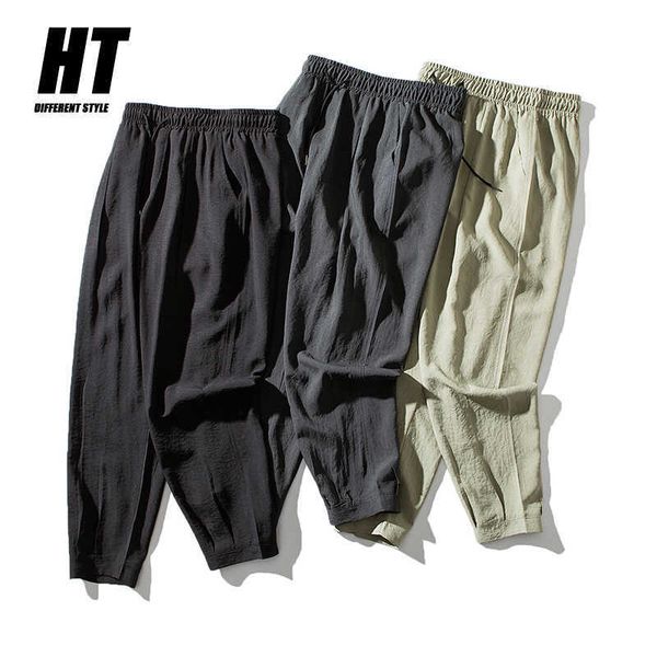 

men's cotton linen pants men solid breathable chinese style jogger harem pants men lightweight casual sweatpants trousers 210603, Black