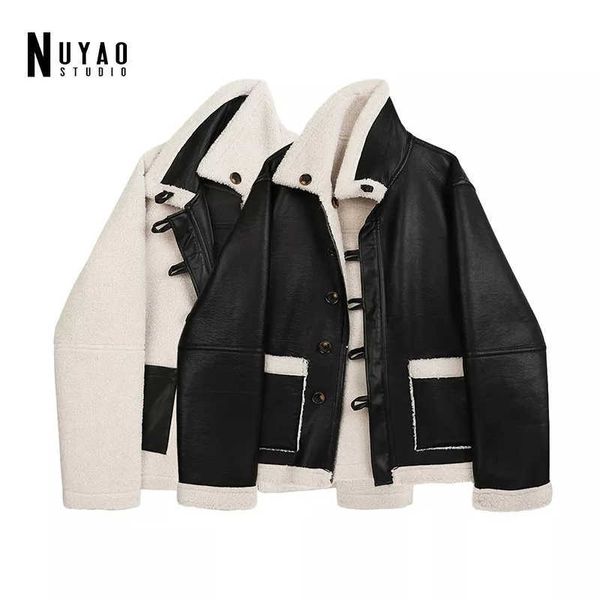 

women fur faux leather jacket lady coat plush belt woman contrast color winter thick warm casual female outerwear 210927, Black