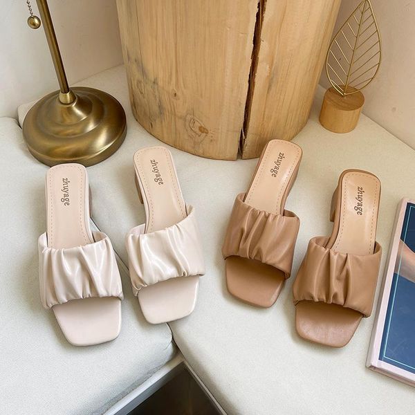 

shoes women female slippers med square heel slides shallow soft 2021 summer block pleated hoof heels elegant concise pu, Black