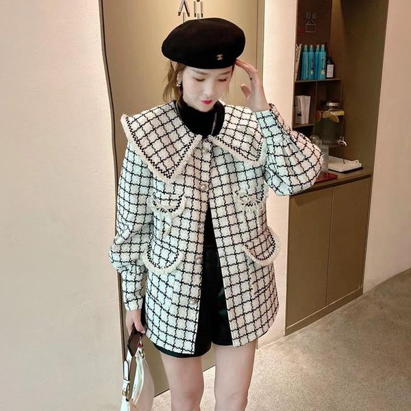 

women's wool & blends girls winter style fragrant tweed plaid woolen coat short navy collar jacket, Black
