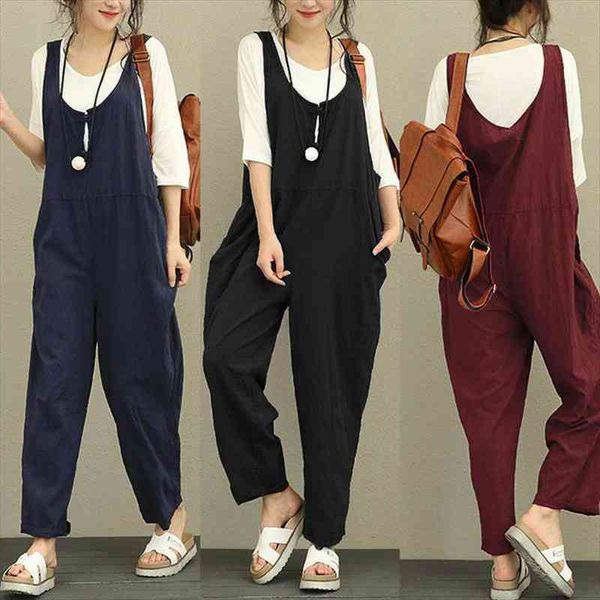 

oversized women strap linen cotton jumpsuit casual dungaree loose harem playsuit trousers overall long pant plus size, Black;white