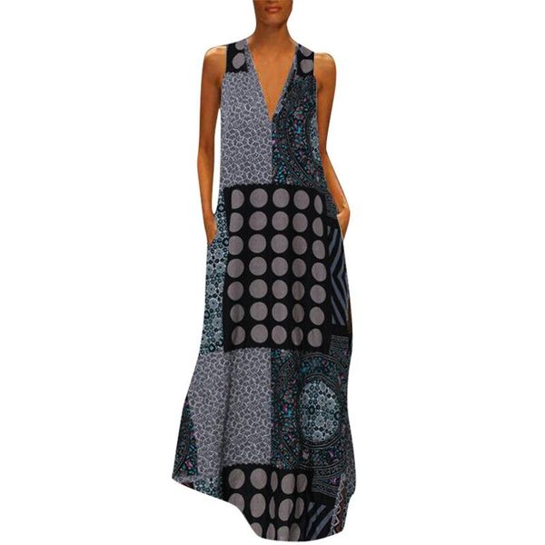 

casual dresses clothing women sleeveless v-neck pocket printing beach long maxi loose dress ladies elegant vestidos mujer femme, Black;gray