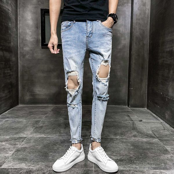 

men's jeans summer light blue ripped slim jeans male spirit guy tight-fitting pants trend ankle length beggar d14m