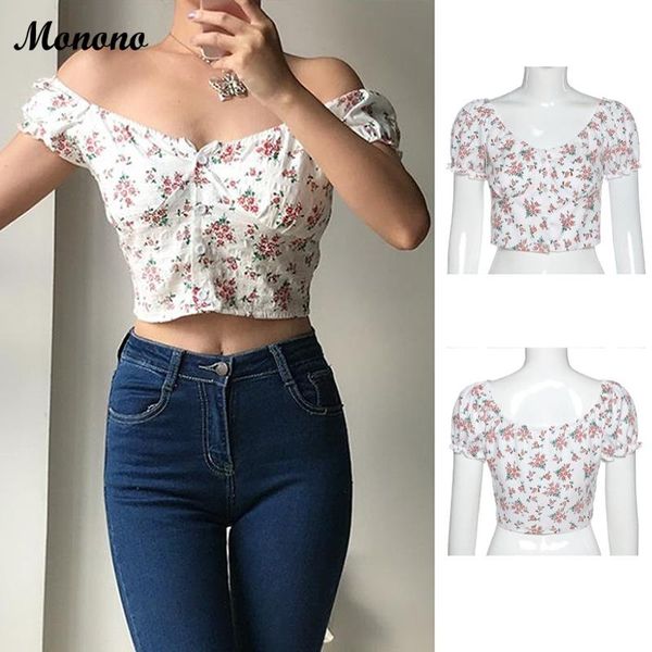 

women's t-shirt boho flowers print women t-shirts 2021 casual buttons short puff sleeves crop female v-neck backless tee shirts, White
