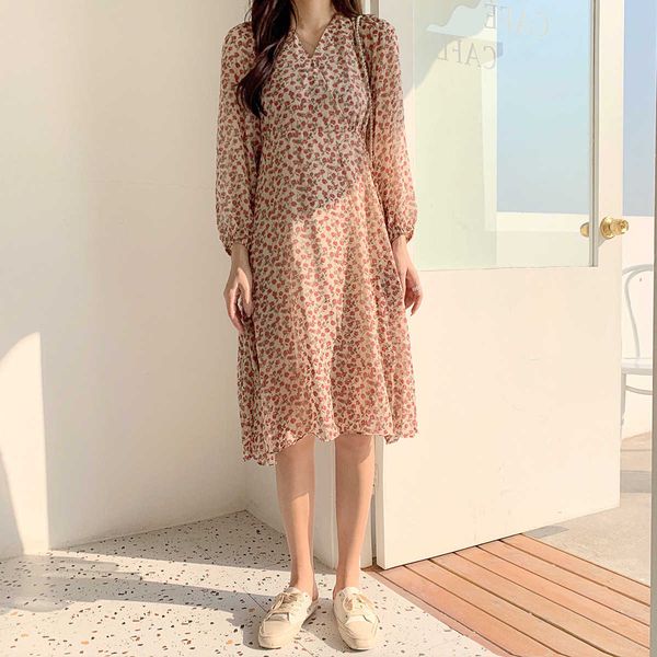

floral print v-neck high-waisted dress spring women's knee-length elegant korean-style casual 210607, Black;gray