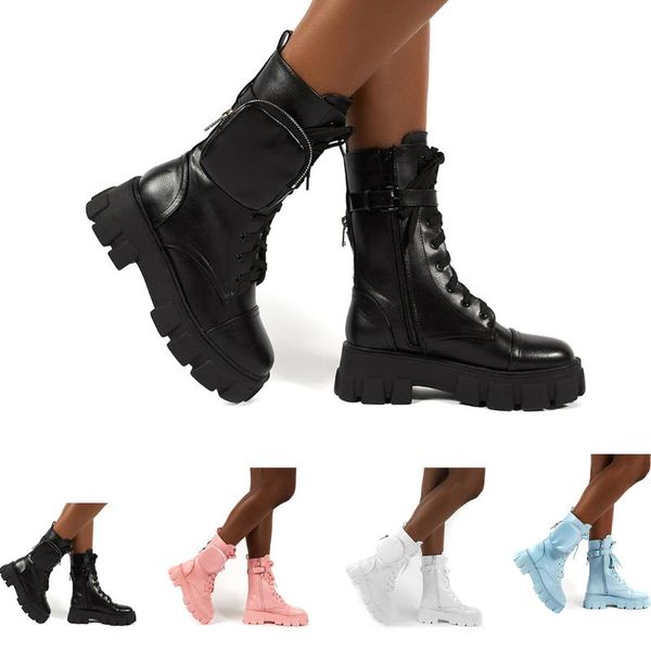 

women pocket boot lace up ladies ankle boots female buckle strap black chunky sole pouch woman platform shoe fashion dress shoes