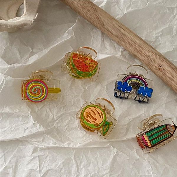 

hair accessories creative personality cartoon hairpin cute girl children small acrylic grabbing clip rainbow lollipop fruit, Slivery;white