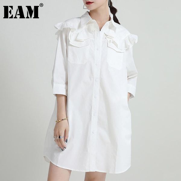

casual dresses [eam] women white ruffles temperament shirt dress lapel three-quarter sleeve loose fit fashion spring summer 2021 1dd9829, Black;gray