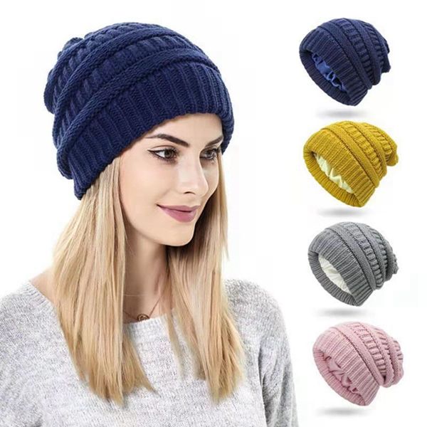 

solid colours beanies satin cloth inner knited hats 9 colors warm winter woolen hat fashion cap by sea lla1034, Blue;gray