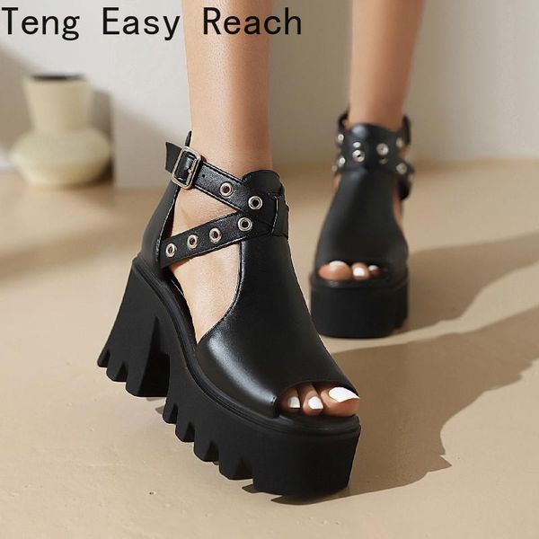 

sandals fashion rivets womens ankle strap block heel ladies platform shoes on summer comfortable gladiator, Black