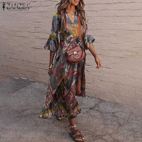 

fashion print robe female elegant flare sleeve vestidos casual chic v neck dresses womens 2021 summer long maxi dress 5xl, Black;gray