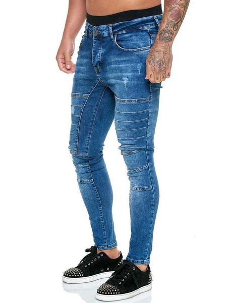 Moda Homens Jeans Casual Patchwork Denim Slim Fit Calças Sólidas Preto e Azul Skinny Pants Pants Plus Size Stretchy 210622