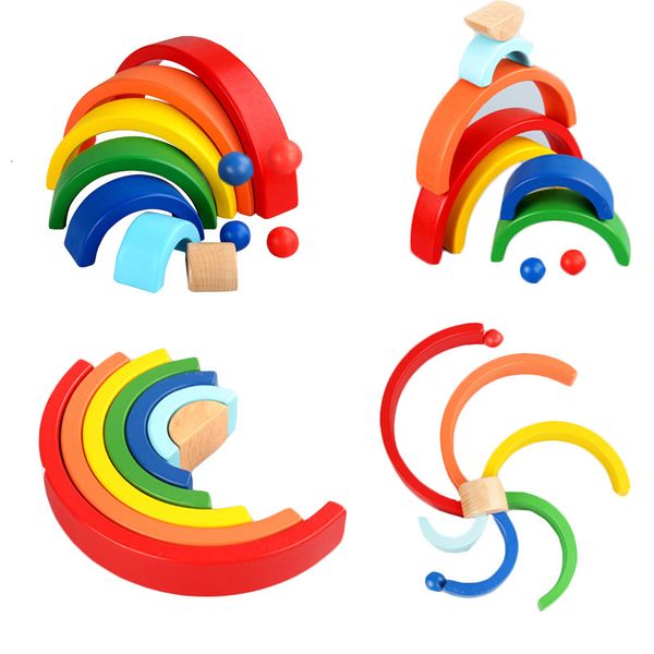

diy children's wooden building toy montessori wood rainbow early learning stacking arched blocks educational toys 1019