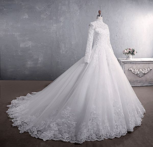 

real ps high neck long sleeves wedding dress a line ivory tulle bridal gowns lace appliques robe de mariee muslim bride wedding dresses cust, White