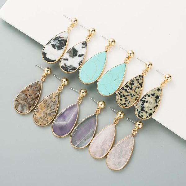 

stud arrivals classic trendy long waterdrop inlay colorful natural stone earrings for women girls fashion jewelry accessorie, Golden;silver