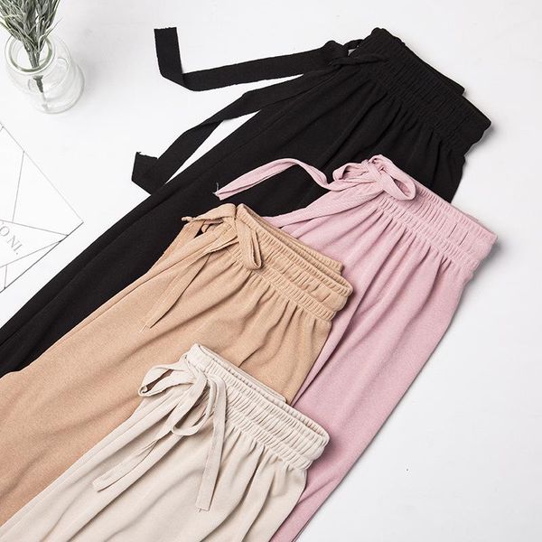 

women's pants & capris women summer thin knit trousers black wide leg loose ankle length casual trouser elastic waist plus size, Black;white