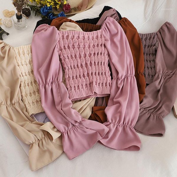 

women's sweaters lucyever autumn chiffon patchwork knitted women sweater fashion flare sleeve corp korean slash neck chic ladies blouse, White;black