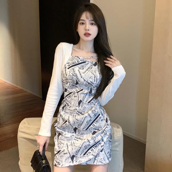 

casual dresses autumn black white lady printed square collar vintage slim fake-two-pieces pullover dress korean fashion cloth, Black;gray