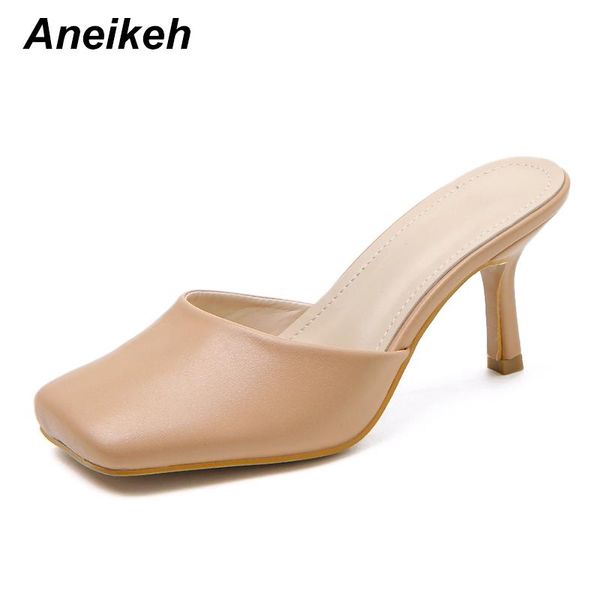 

aneikeh summer women shoes slippers slides rubber pu solid outside thin heels shallow white apricot 35~40 square toe, Black