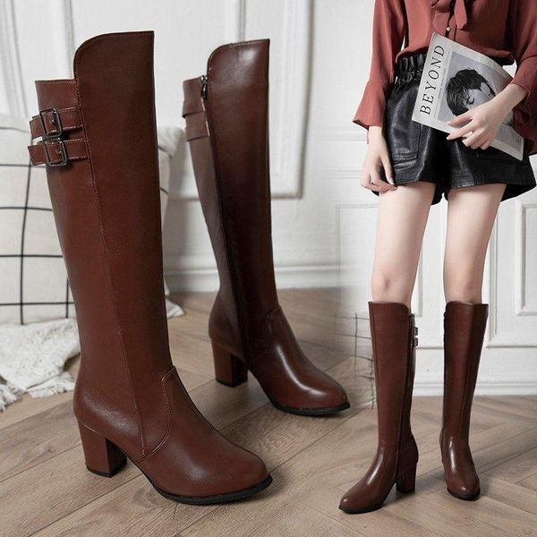 

boots high knee-high pu heels for women fashion shoes 2021 spring autumn booties female plus size 35-43, Black