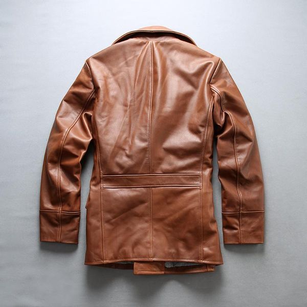 

men's leather & faux with double breasted brown color slim fit genuine jacket stylish coat men, Black