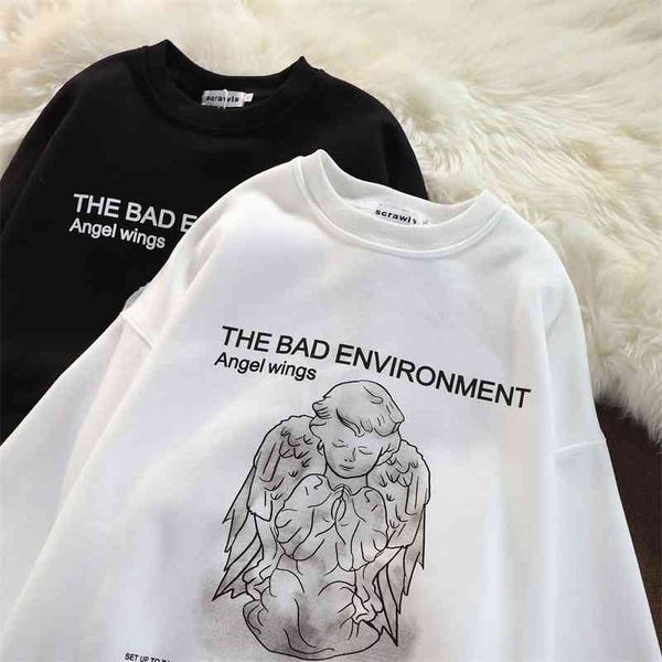 

hip hop fashion angel printed round neck sweater men's autumn and winter new loose lazy wind couple jacket, Black