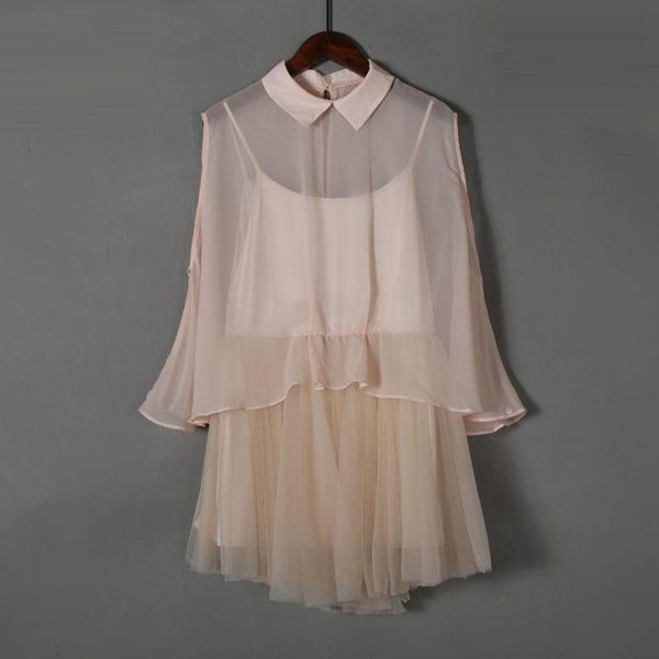 

casual dresses vanovich ladies mesh dress fake two-piece korean style summer 2021 fashion solid color women clothing, Black;gray