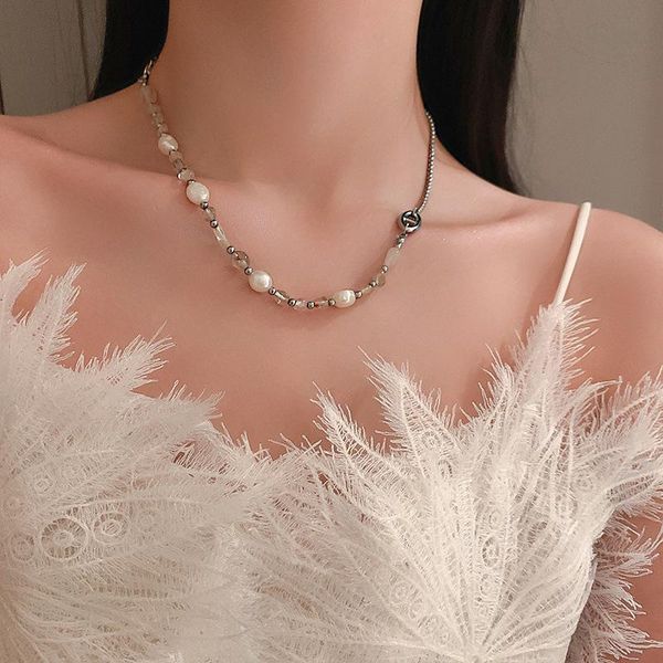 

chokers origin summer plain natural pearl beaded necklace for women ladies irregular clear crystal fashion jewelry, Golden;silver
