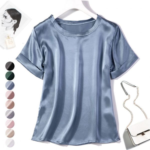 

coat women's 100% pure silk satin fabric shirt blouse round neck short sleeve solid colors l xl jn484, Tan;black