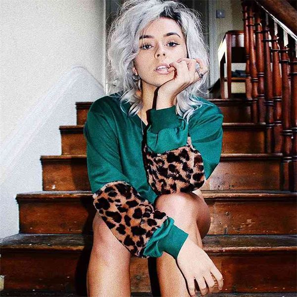 

women leopard faux fur cropped hoodies green patchwork crop sweatshirt casual long sleeve loose pullover 210517, Black