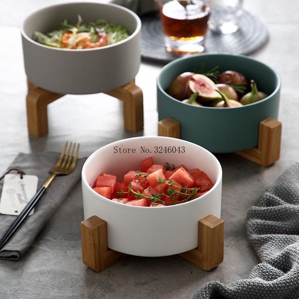 

700ml large creative fruit salad bowl dessert nordic home with wooden foot personality ceramic bowls