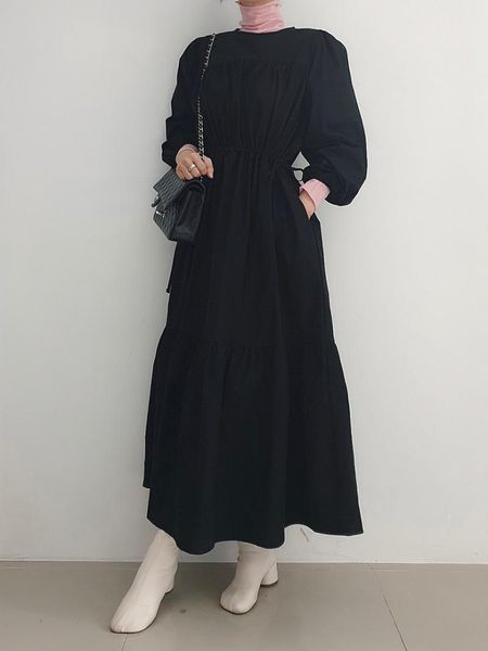 

casual dresses women's spring autumn solid loose drawstring dress round neck puff long sleeve korean fashion clothes, Black;gray