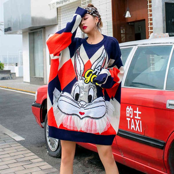 

sweater women's blouses fall and winter lazy cartoons loose wind big red pullover net sequins nightgown, White;black