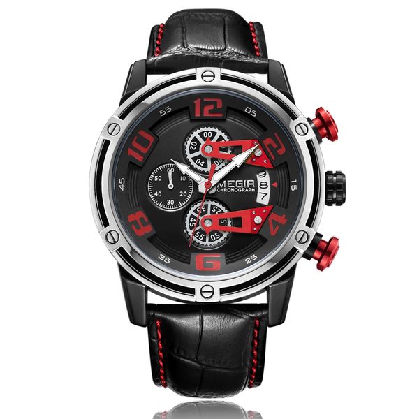 

fashion arrivals casual designer megir mg2078 digital chronograph watch for man with 3atm leather belts alloy case 304 stainless steel back, Slivery;brown