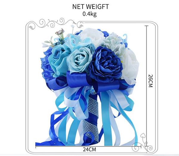 Blue raso matrimonio mano fiori altri accessori rose bouquet da sposa decorazione artificiale damigella d'onore in possesso di spilla floreale